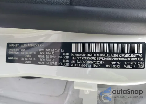 2022 Alfa Romeo Stelvio Veloce Ti Awd z USA, uszkodzony, nr VIN ZASPAKBN0N7D25379